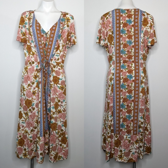 Matilda Jane Dresses & Skirts - Matilda Jane Just A Moment brown pink floral button up midi dress XL